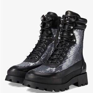 MICHAEL Michael Kors Rowan Black Lace-Up Bootie With Silver Sequins 9.5M